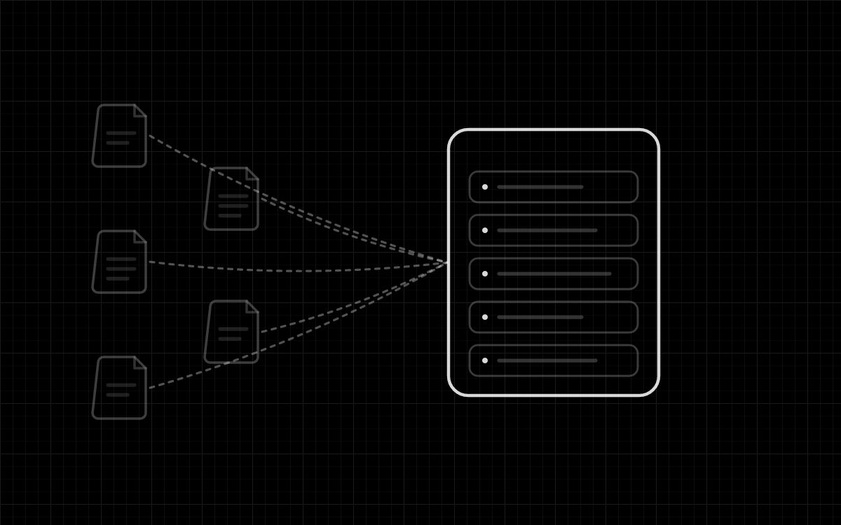 Diagram of scattered scan data files converging into a single structured asset record